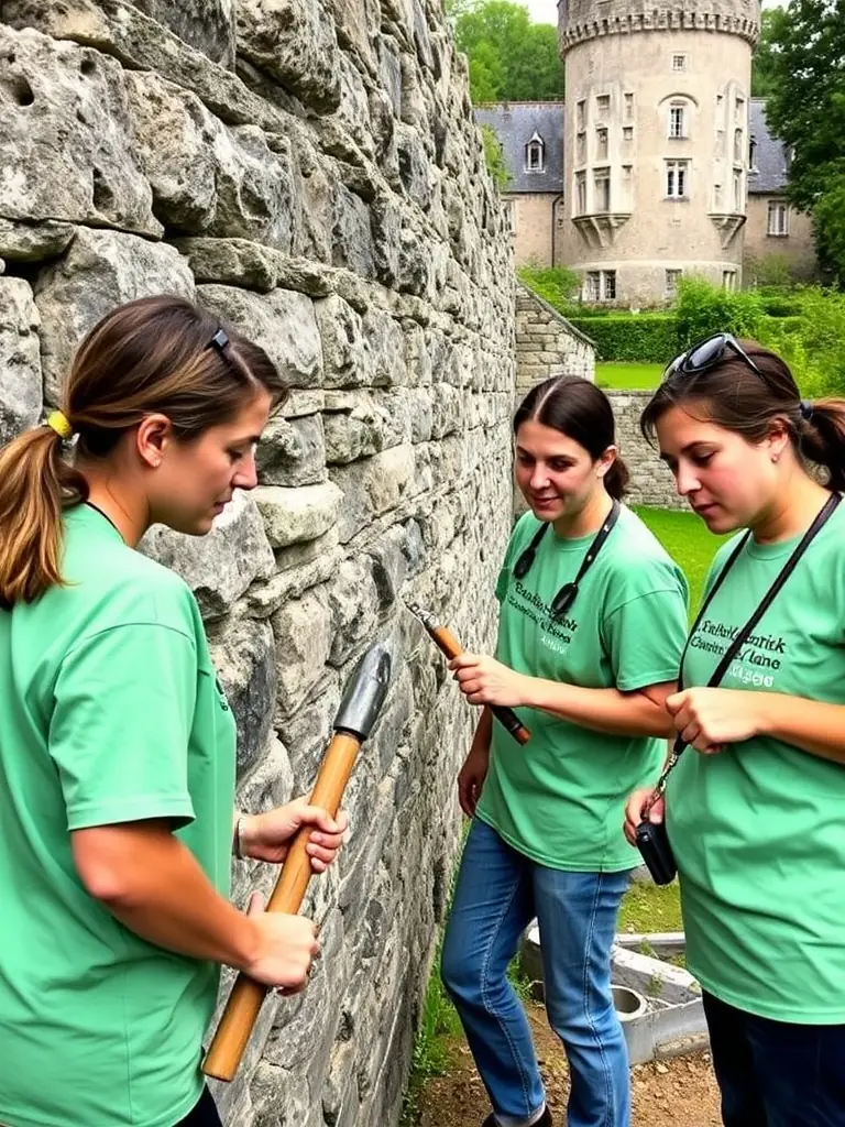 A photograph of volunteers working on the restoration of a stone wall at Château de Saint-Jean-d’Angle, showcasing teamwork and dedication to preserving the historical structure.