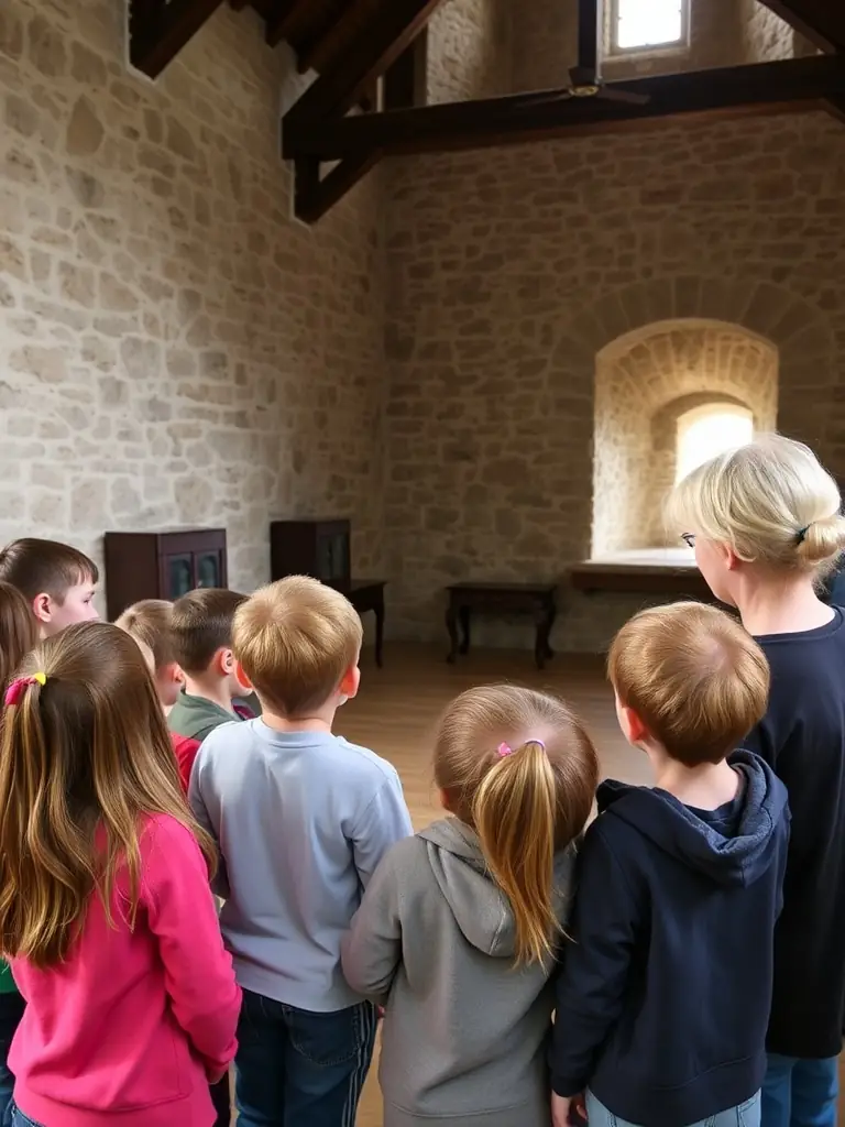 A photo of children participating in an educational tour at Château de Saint-Jean-d’Angle, with a guide explaining the history and significance of the site.