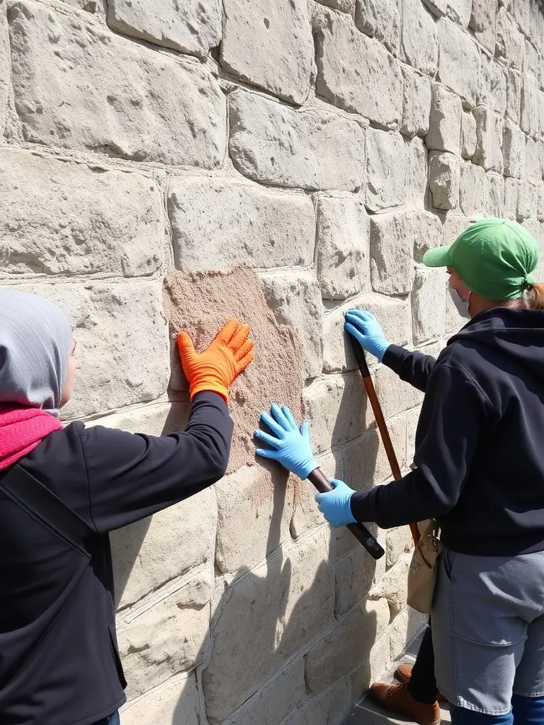 A photograph capturing volunteers meticulously cleaning and restoring an ancient stone wall at Château de Saint-Jean-d’Angle, showcasing the hands-on preservation work.