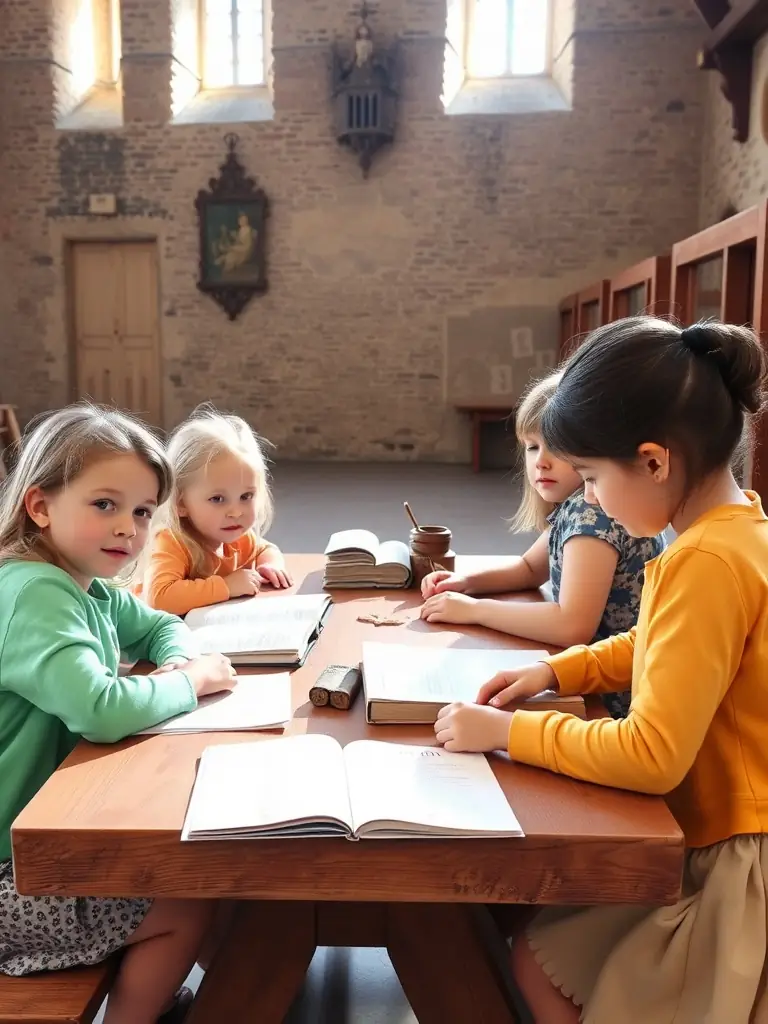 A picture of children participating in an educational workshop at Château de Saint-Jean-d’Angle, learning about the history and significance of the site.