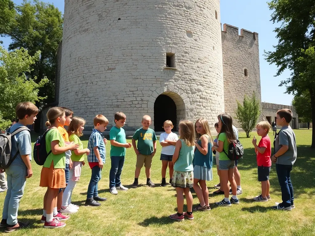 A photograph of children participating in an educational workshop at the Château de Saint-Jean-d’Angle, learning about the history and significance of the site.