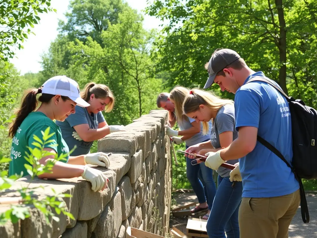 A group of volunteers working together to restore a section of the Château de Saint-Jean-d’Angle, focusing on masonry and structural repairs.