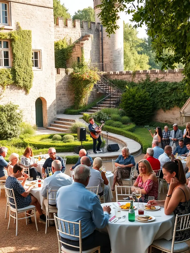 A picture of a community event held at Château de Saint-Jean-d’Angle, with local residents enjoying music, food, and festivities in the Château grounds.