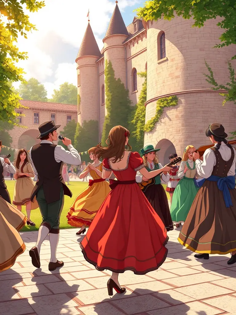 A detailed image of a historical reenactment event at the Château de Saint-Jean-d’Angle, with participants dressed in period costumes, engaging visitors in a vivid portrayal of the château's history.