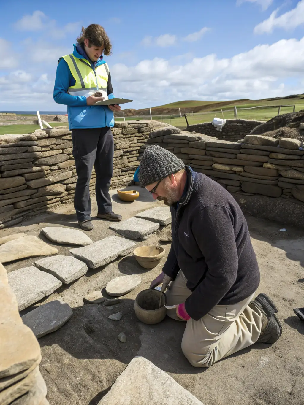 A detailed image of an archaeologist carefully examining and documenting artifacts found at Château de Saint-Jean-d’Angle, emphasizing the importance of historical research.