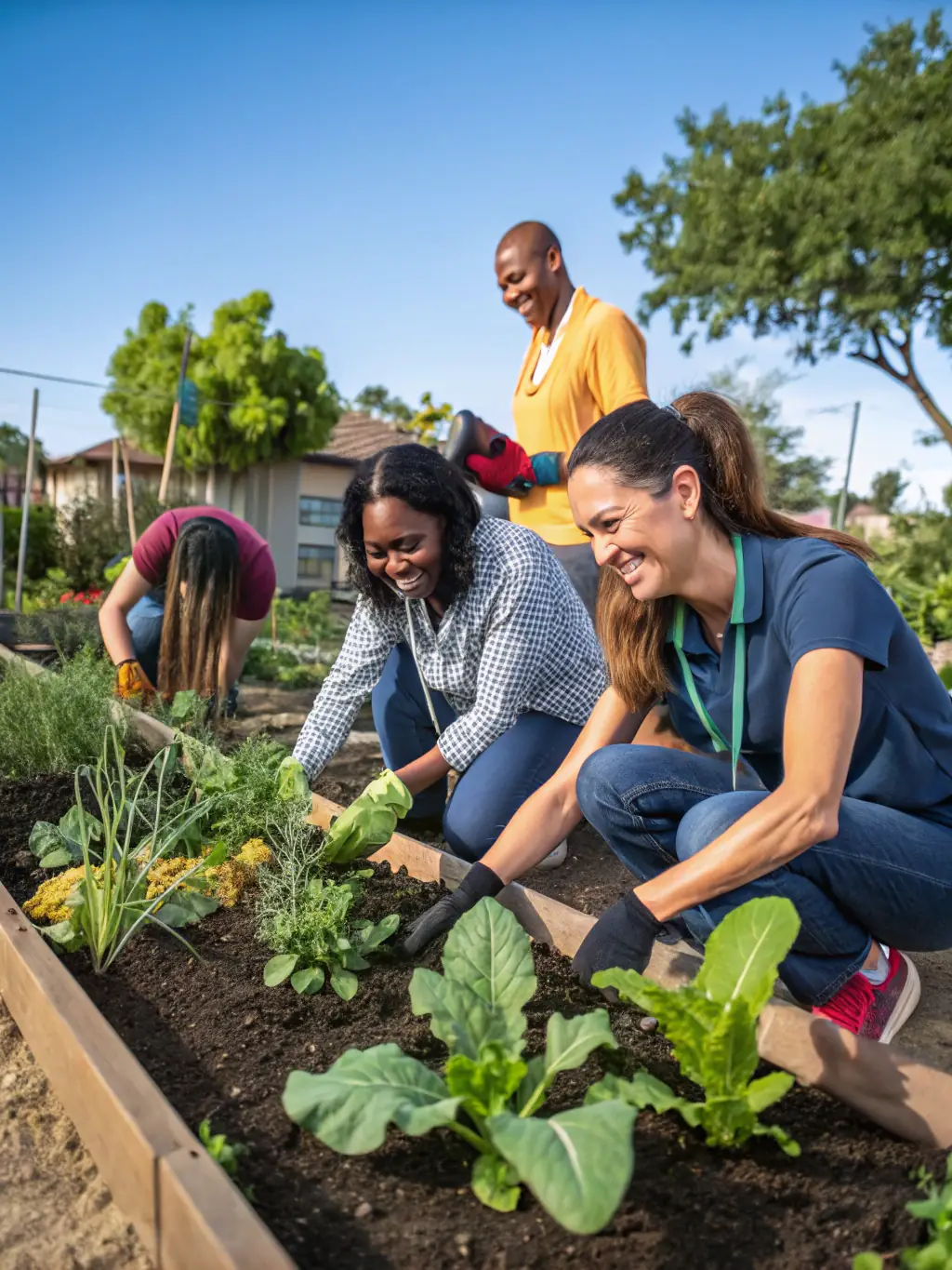A photograph capturing volunteers working diligently in the château's garden, planting flowers and maintaining the landscape, showcasing community involvement in preserving the château's beauty.