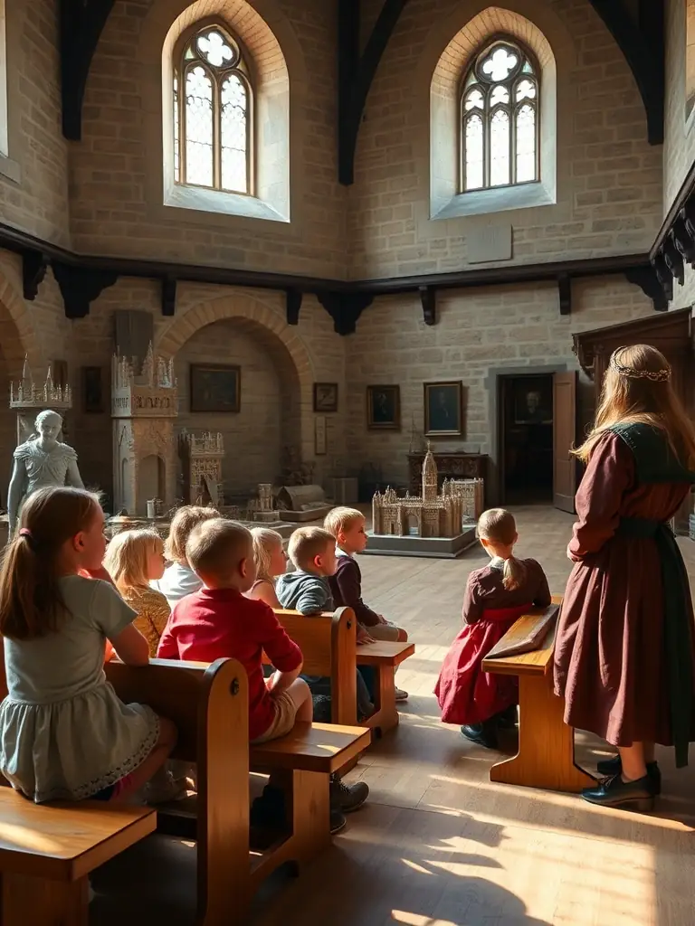 A photograph of children participating in an educational workshop at the château, learning about medieval history and the importance of preserving historical sites.