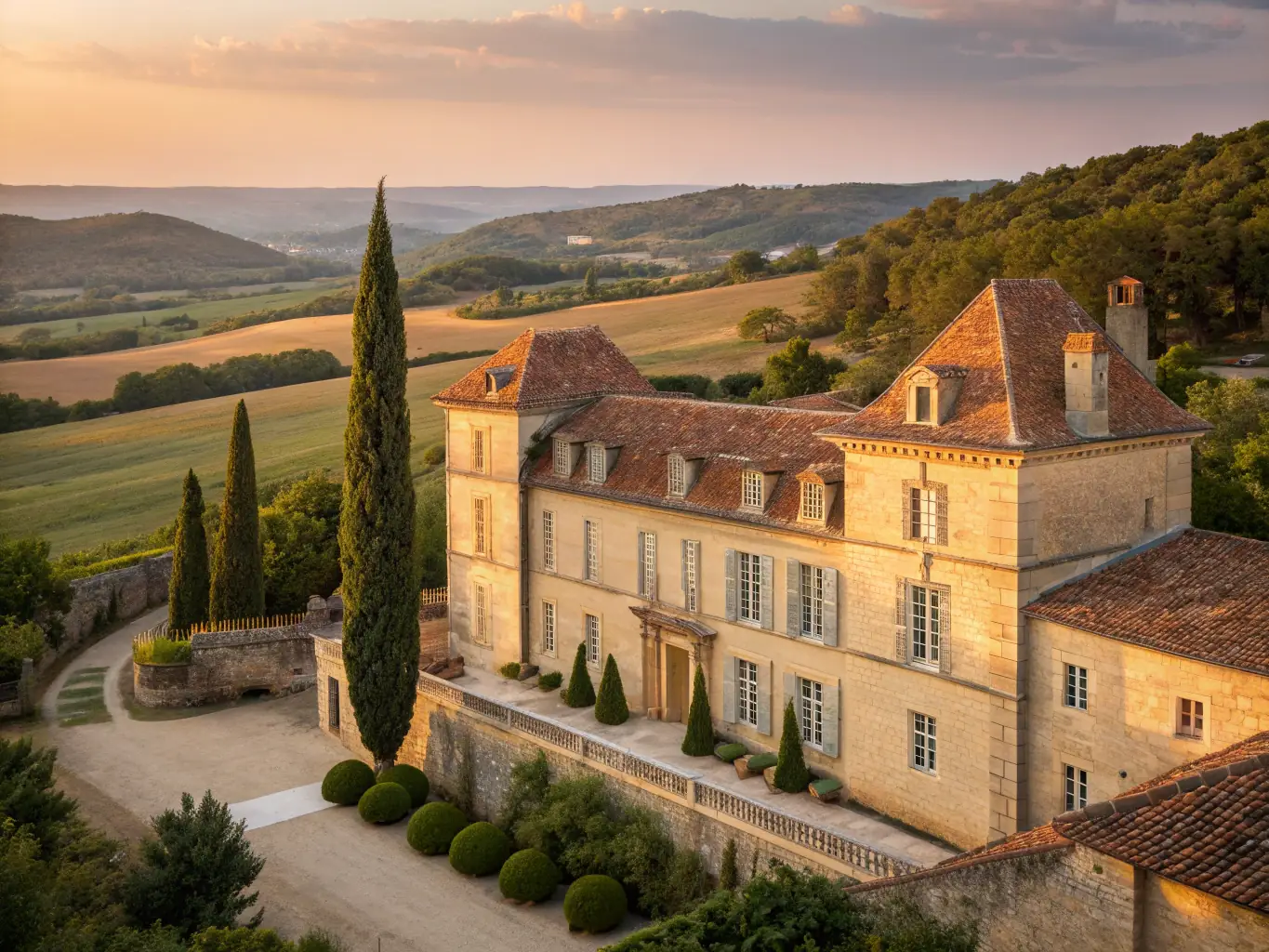 A photograph of the Château de Saint-Jean-d’Angle at sunset, showcasing its architectural beauty and historical significance, emphasizing the importance of preserving this cultural landmark.